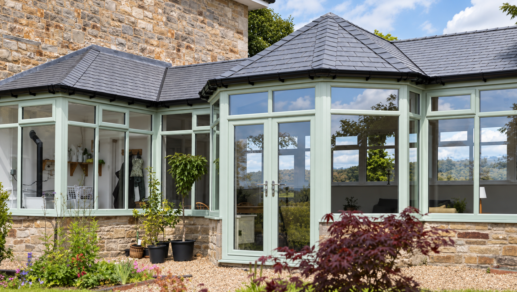 Sage green conservatory with a dark tiled roof adjoining a stone home and garden