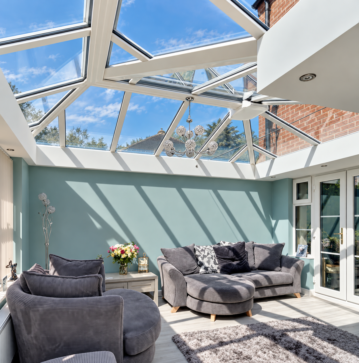 Light-filled upgraded conservatory with a glazed roof, pale sage wall and relaxed grey seating