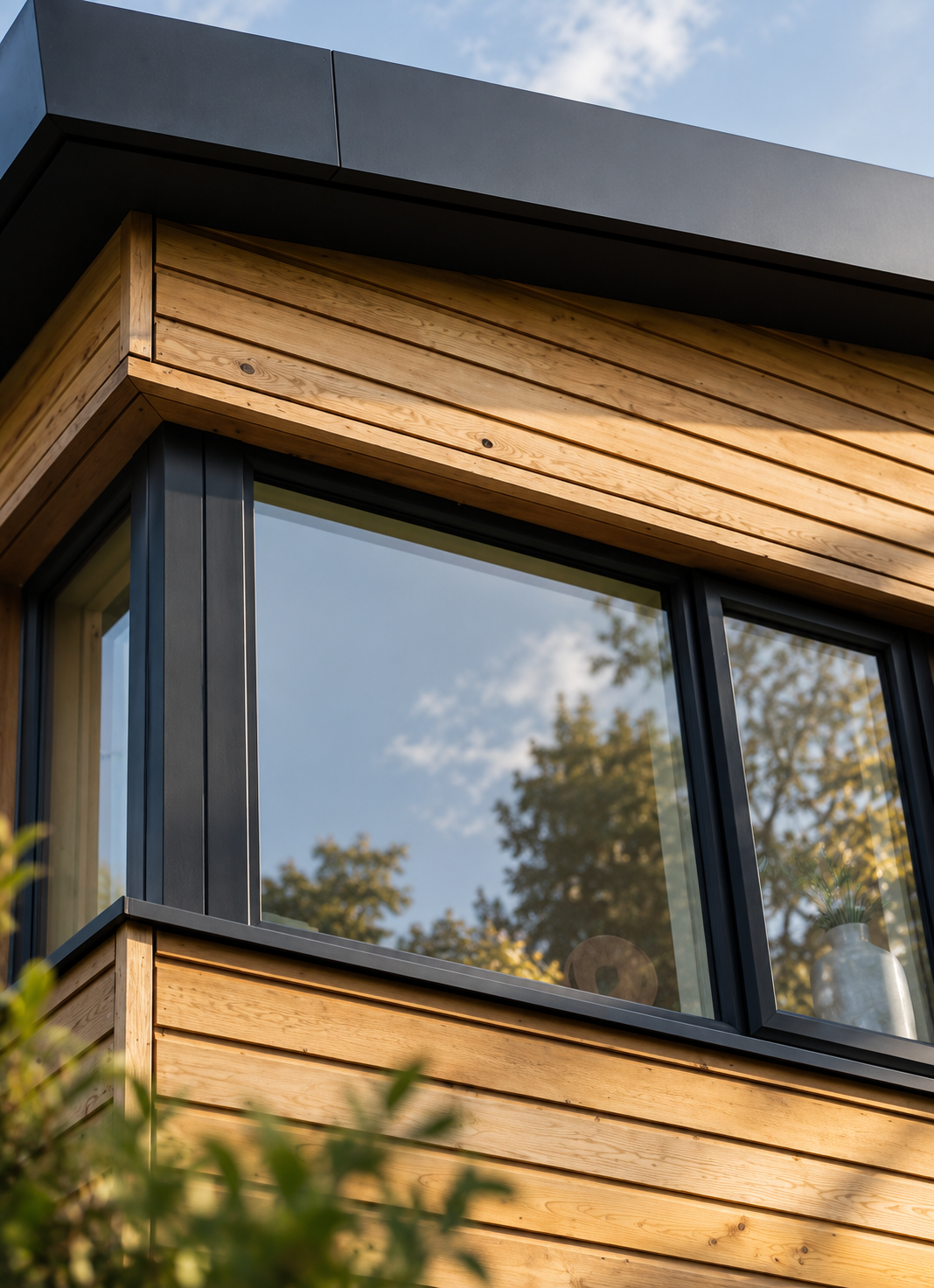 Charcoal flush window frame meeting timber cladding on a contemporary building