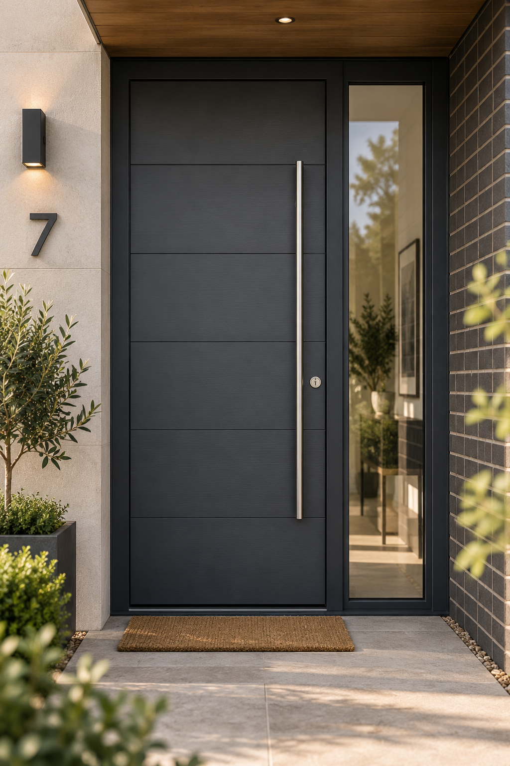 Charcoal contemporary front door with horizontal grooves, a long steel pull handle and a slim glazed sidelight
