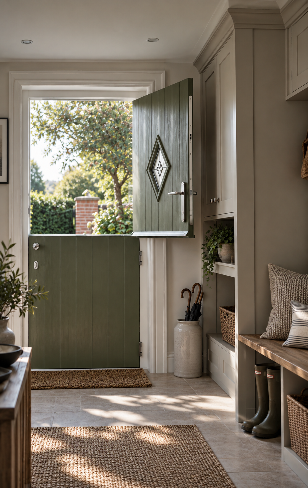 Sage green stable door, top half open to a sunlit garden, in a boot room with a bench, baskets and wellington boots