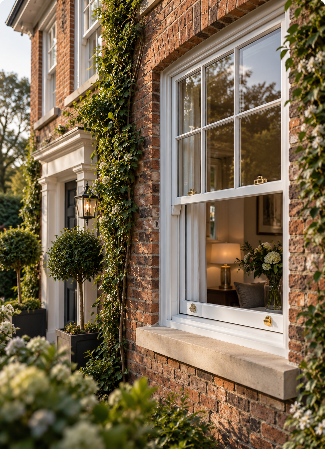 Period brick façade with a white sliding sash window, brass furniture and climbing greenery