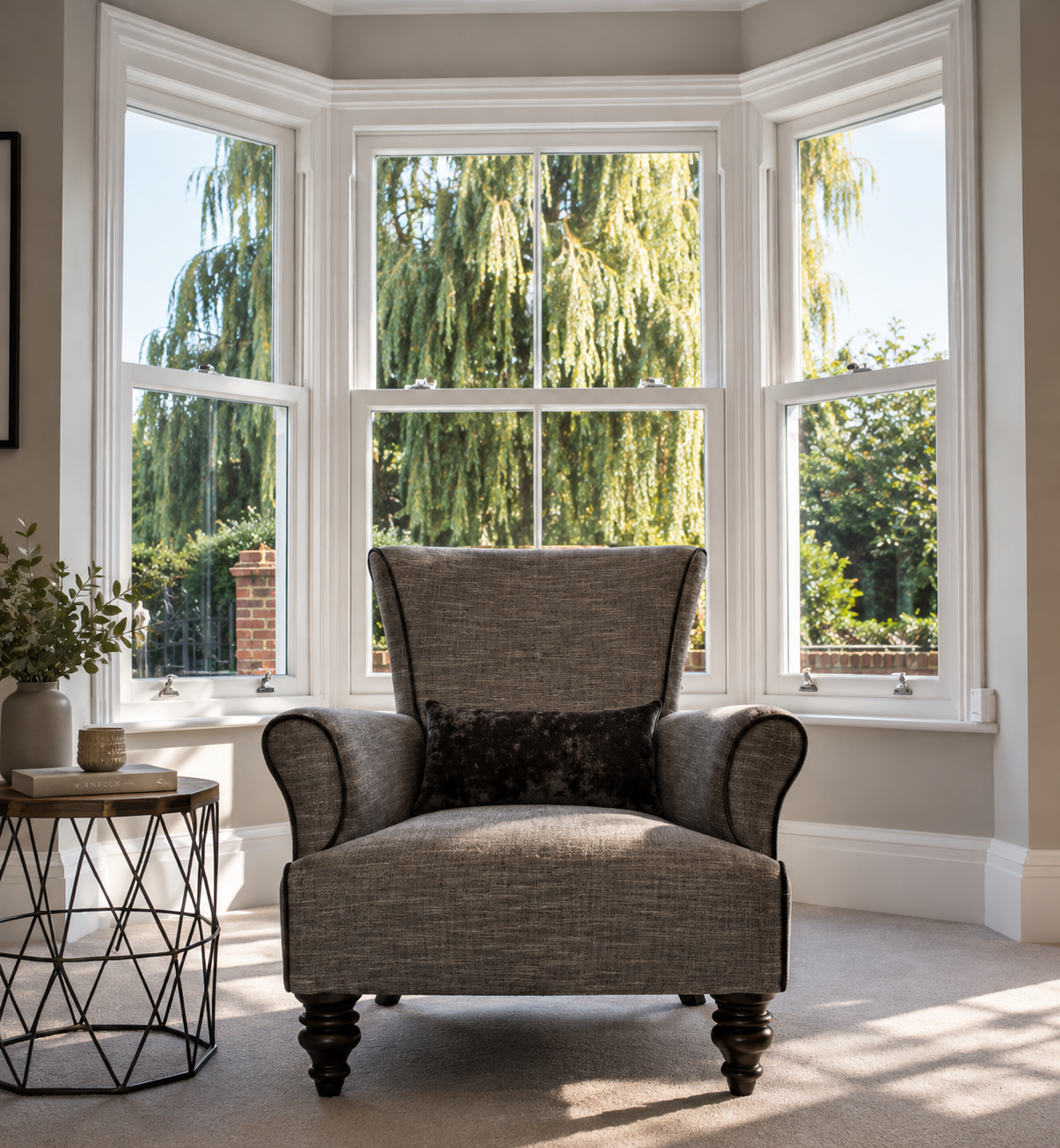 A sitting room bay of three white sash windows, lower sashes raised to the garden, with an upholstered armchair in soft daylight