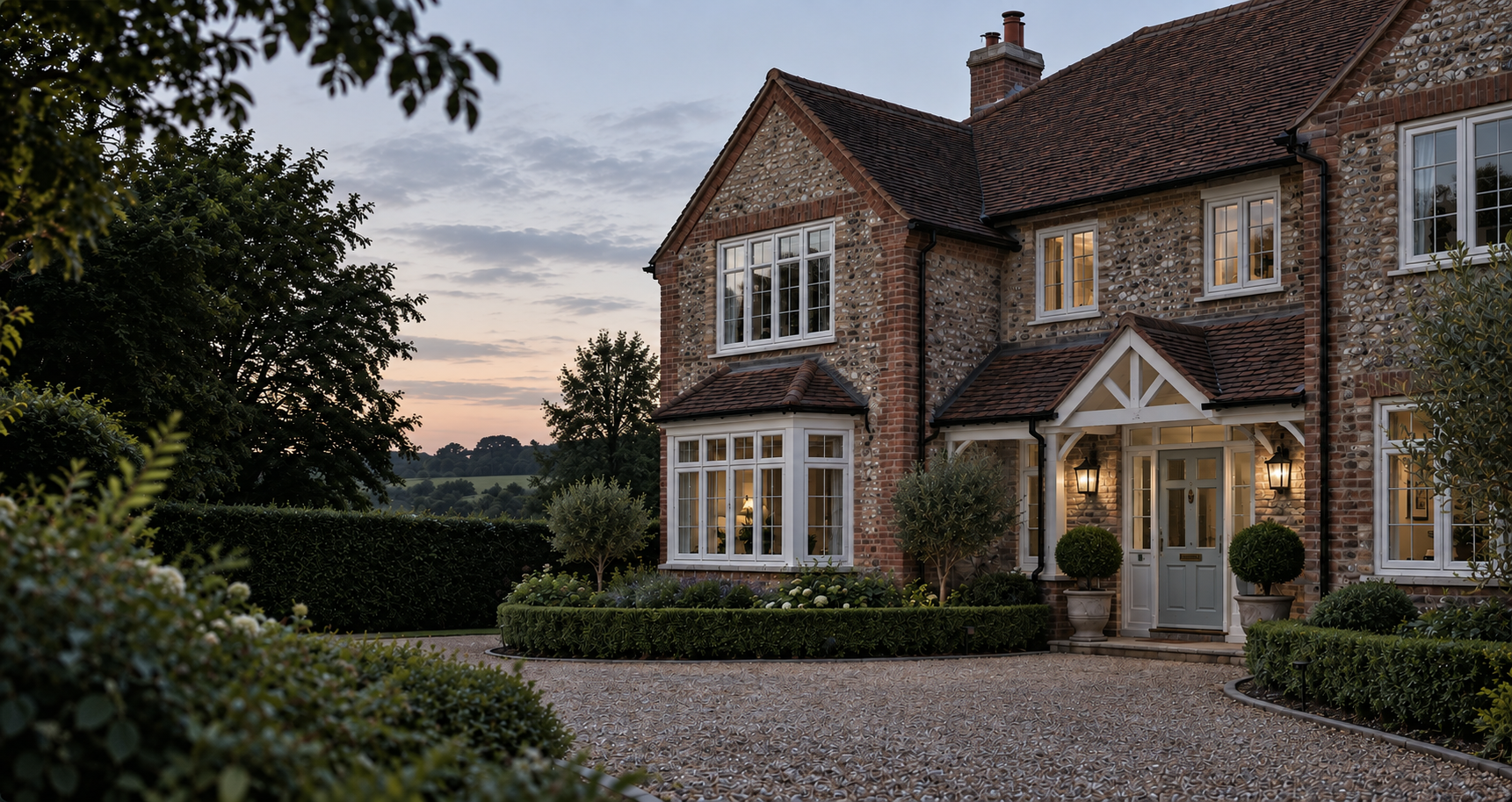 A flint and brick house in Kent at dusk, white casement windows lit from within, a pale front door beneath an oak porch and a gravel drive edged with clipped hedging
